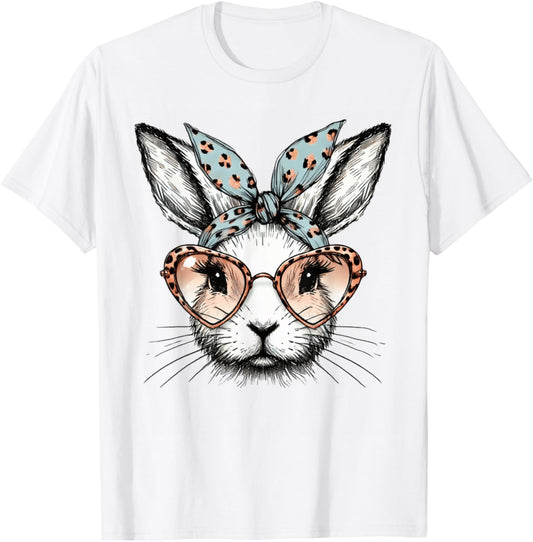 Bunny Face Easter Leopard Glasses Girls Women Cute Rabbit T-Shirt