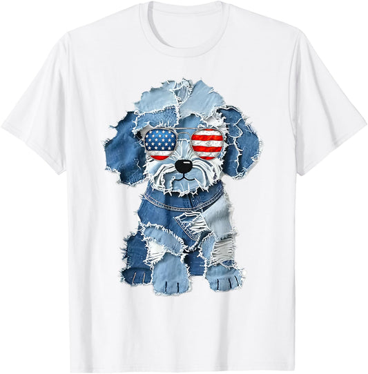 retro funny denim patch animal dog print For Men Women Kids T-Shirt