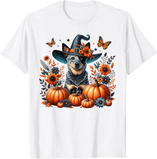 Halloween Blue Heeler Dog Pumpkin Autumn Season Flowers T-Shirt