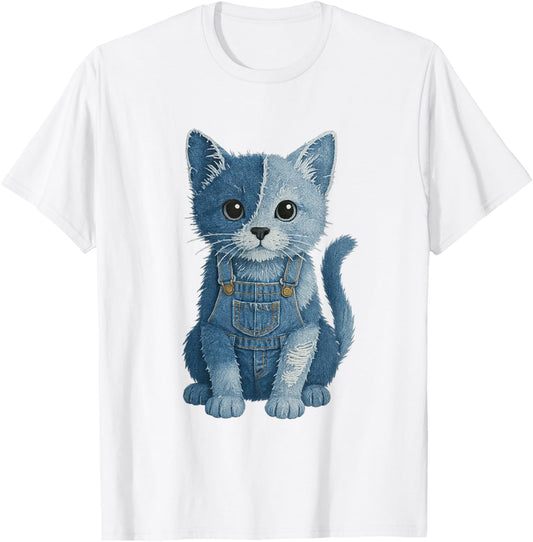 retro funny denim patch animal Cat print For Men Women Kids T-Shirt
