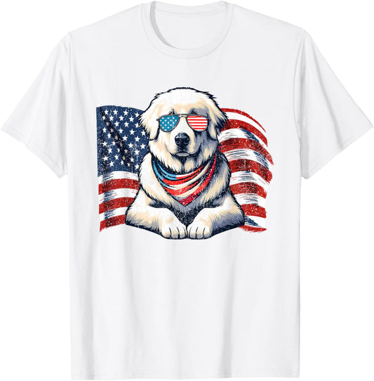 Great Pyrenees Dogs Vintage USA Flag Sunglasses Patriotic T-Shirt