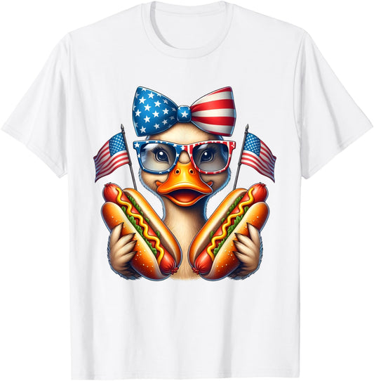 Duck Hotdog Usa American Flag Bow 4th of July Patriotic T-Shirt
