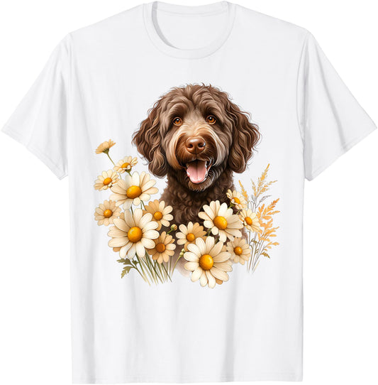 Chocolate Labradoodle Dog Summer Daisy Wildflowers Artwork T-Shirt
