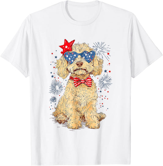 Patriotic Goldendoodle Dog 4th of July USA Bow Sunglasses T-Shirt