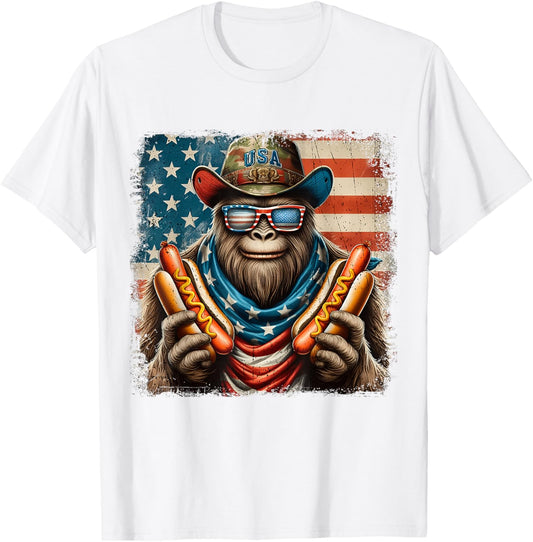 Hotdog Bigfoot 4th of July Patriotic Sasquatch USA Flag T-Shirt