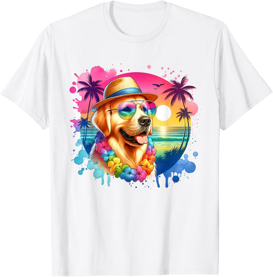Hawaiian Golden Retriever Dog Watercolor Tropical Summer T-Shirt