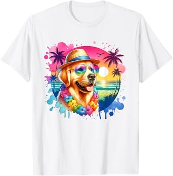 Hawaiian Golden Retriever Dog Watercolor Tropical Summer Men Women Girls Kids T-Shirt