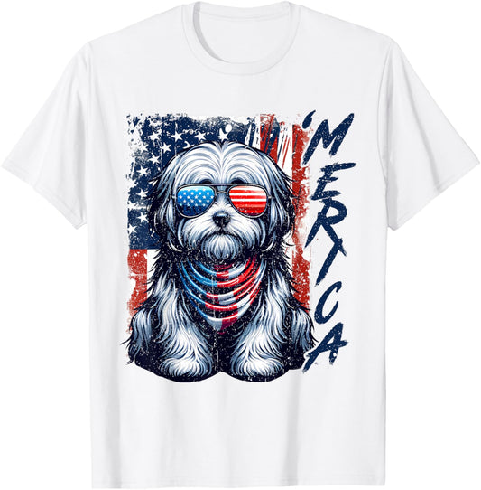 'Merica Havanese Dogs USA Flag Sunglasses Patriotic Pets Tee T-Shirt