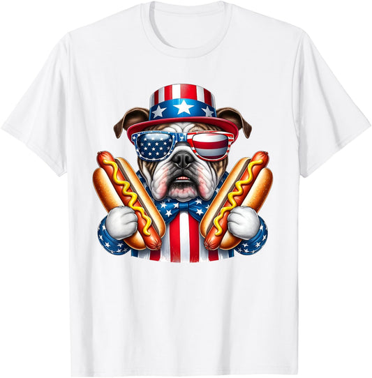 English Bulldog Dog 4th of July Hotdog USA Flag Patriotic T-Shirt