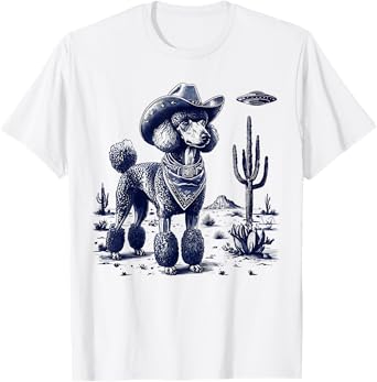 Vintage 90s Western Cowboy Poodle Dog Desert Vibes UFO Rides T-Shirt