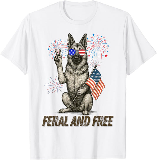 Feral and Free, Funny 4th of July Usa Flag German Shepherd T-Shirt