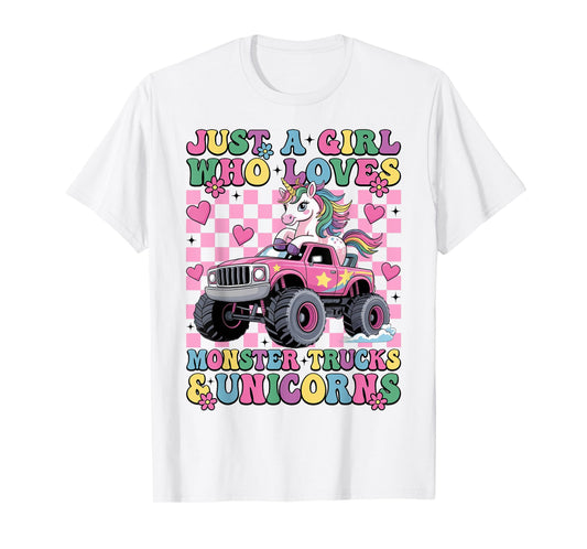 Just a Girl Who Loves Monster Trucks and Unicorns Girls T-Shirt