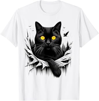 Black Cat Torn Cloth - Black Cat Yellow Eyes T-Shirt