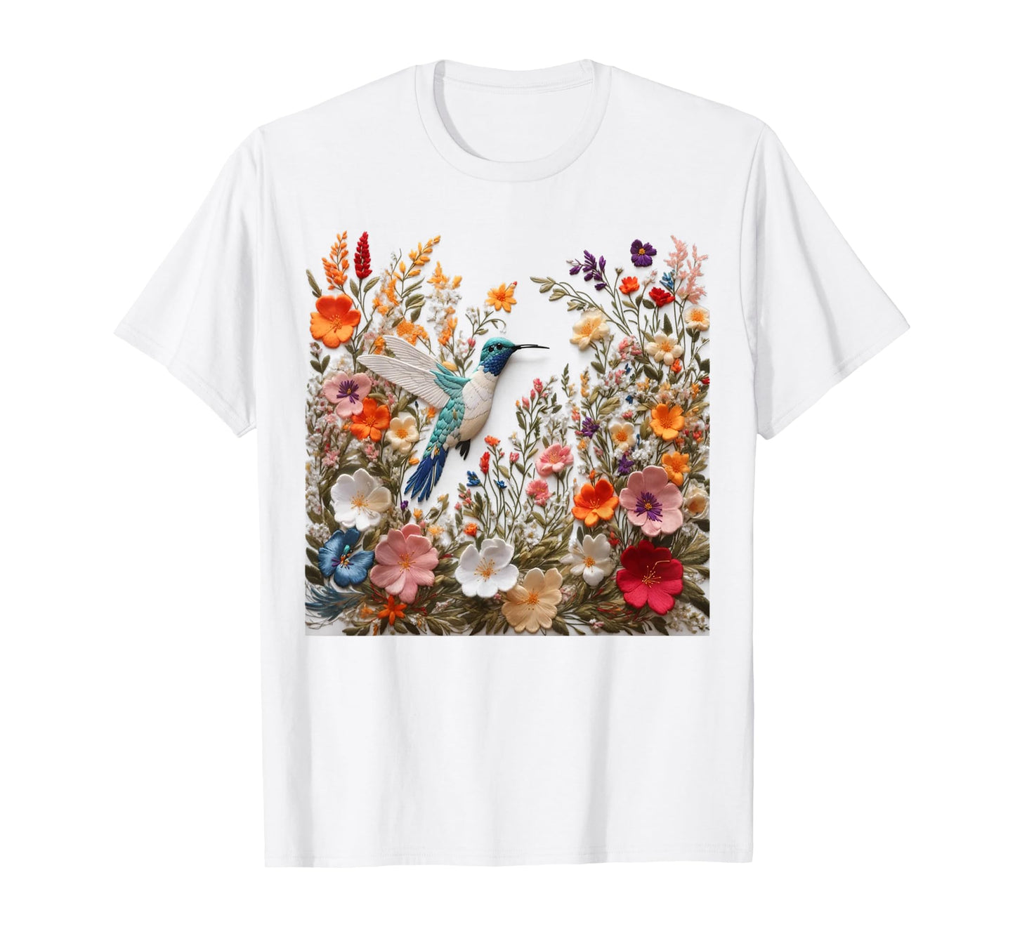 Embroidered Flower Hummingbird Floral Hummingbird in Bloom T-Shirt