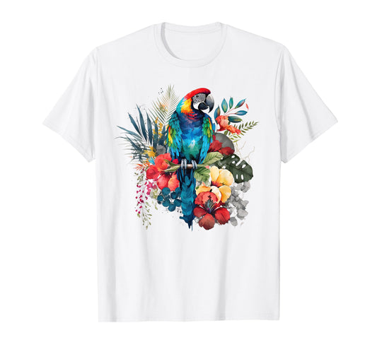 Parrot Tropical Bird Vacation Beach Vintage Flower Hawaiian T-Shirt for Men Women Kids