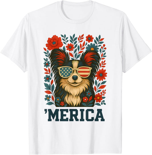 'Merica Cute Papillon Dog USA Sunglasses Patriotic Floral T-Shirt