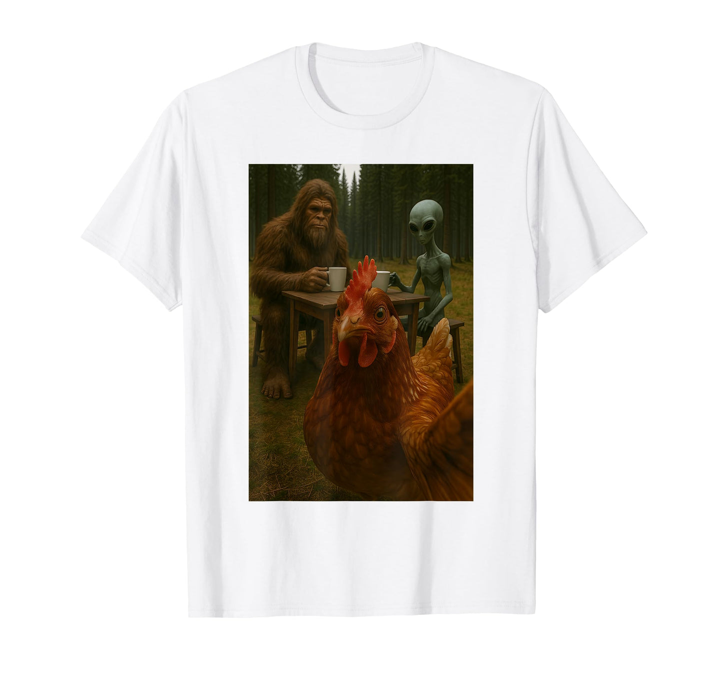 Chicken Selfie With Bigfoot Alien Funny T-Shirt