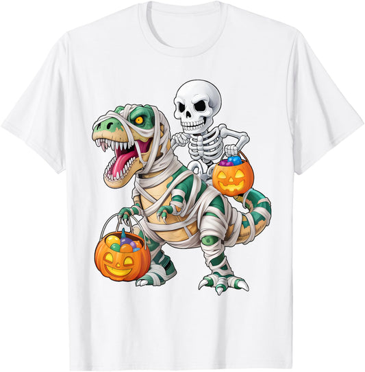 Skeleton Riding Mummy Dino Pumpkin Candy Halloween Costume T-Shirt