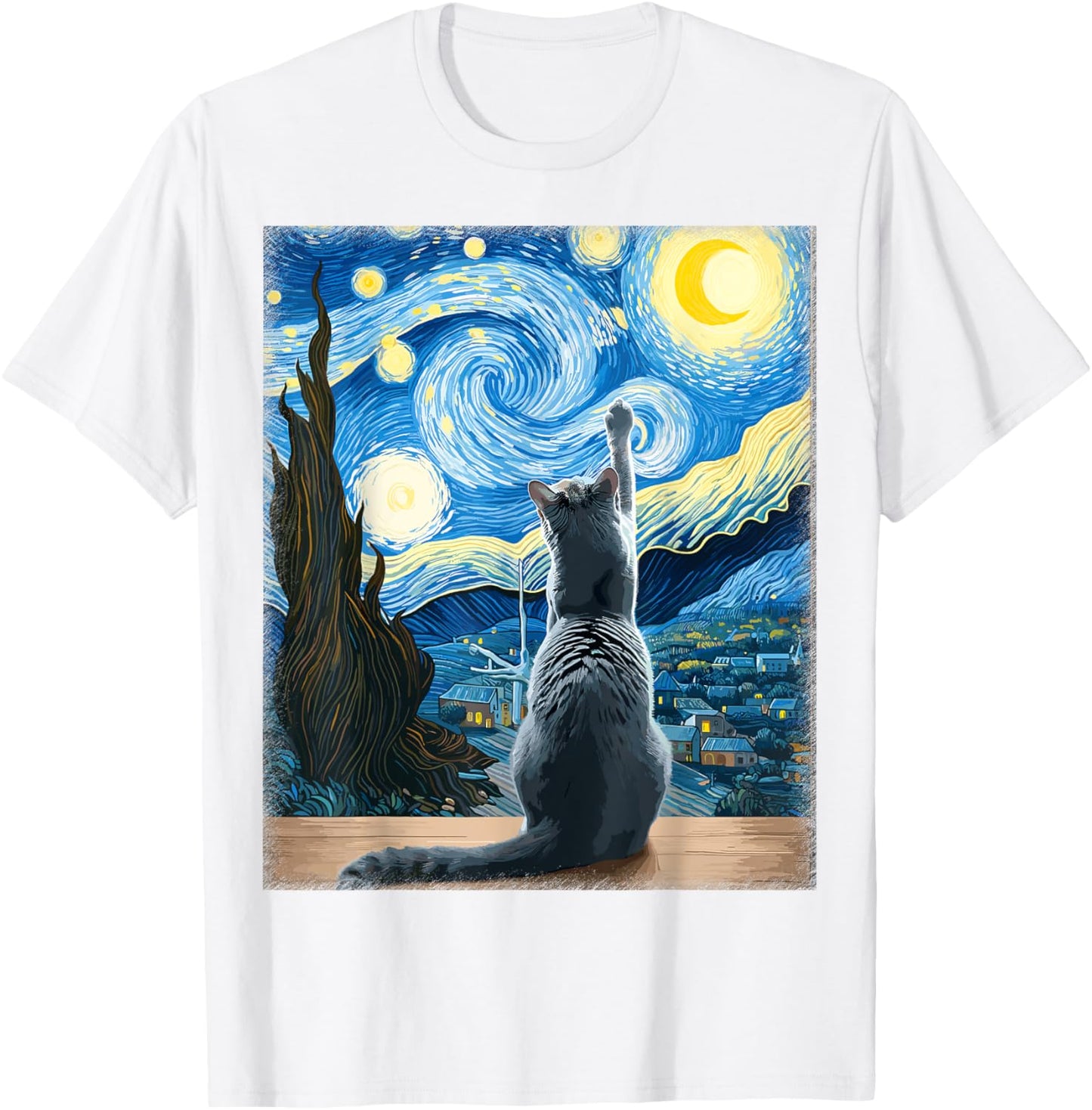 Van Gogh Starry Night Style Artistic Russian Blue Cat T-Shirt