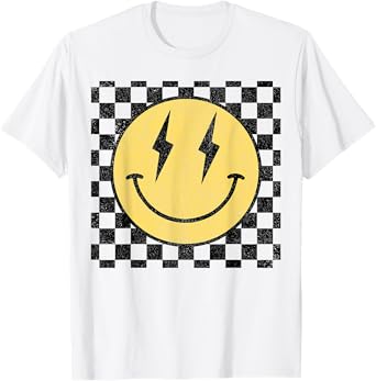 Retro Happy Face Shirt Checkered Pattern Smile Face Trendy T-Shirt