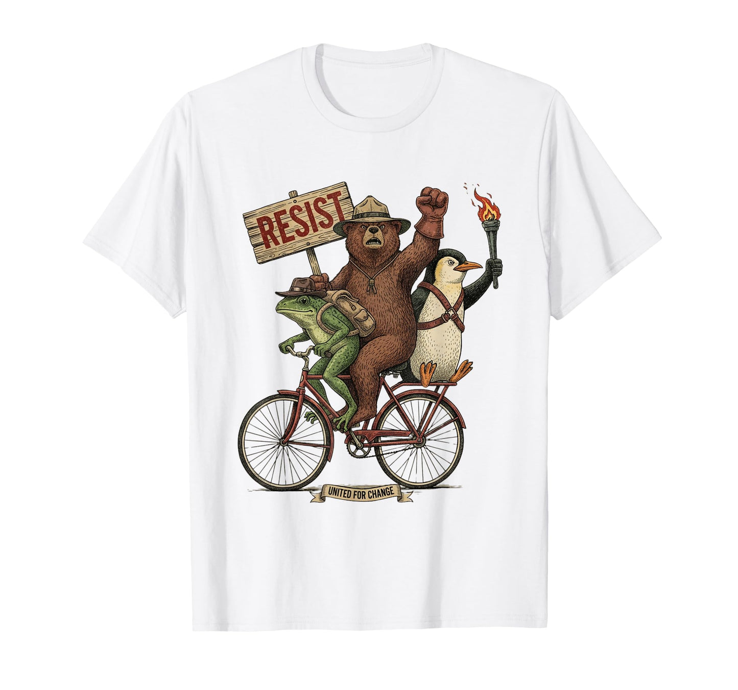 Penguin Frog Bear On Bike Resist Protest Vintage Men Women T-Shirt