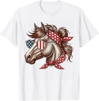 Horse 4th of July Shirt Women Girls Horse American USA Flag T-Shirt