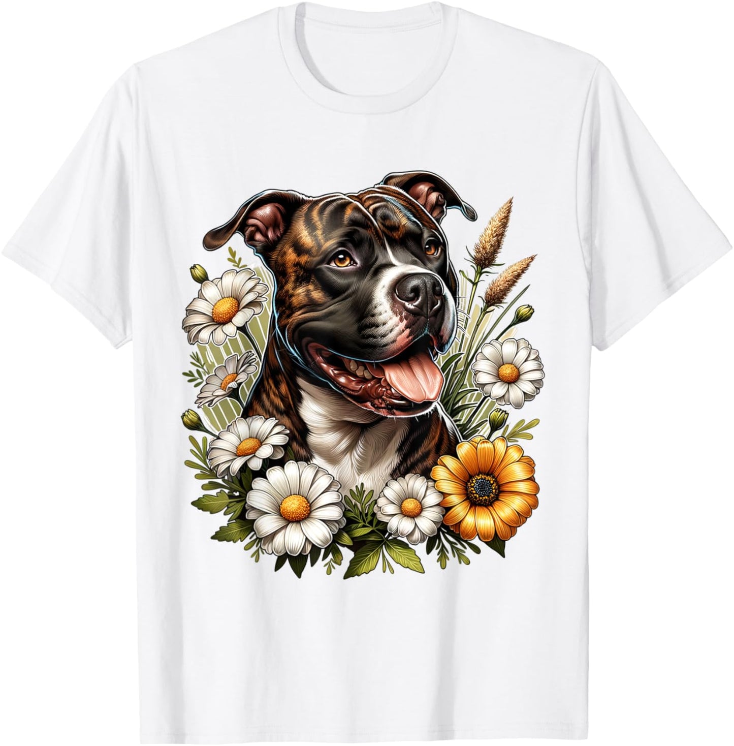 Brindle Pitbull Dog Summer Daisy Wildflowers T-Shirt