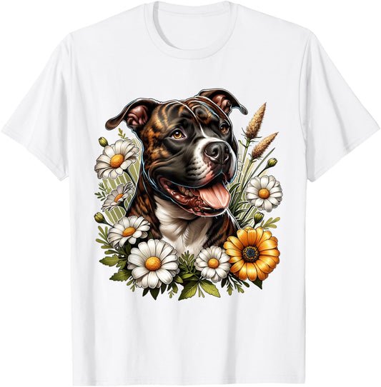 Brindle Pitbull Dog Summer Daisy Wildflowers T-Shirt
