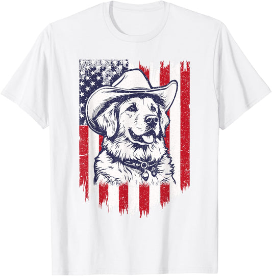 Golden Retriever Cowboy Hat Patriotic American Flag Western T-Shirt