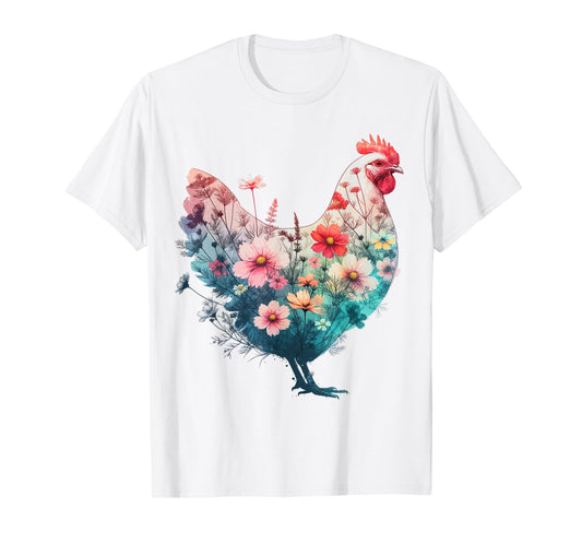 Chicken Floral Art Graphic Women Farm Chicken Lover Colorful T-Shirt