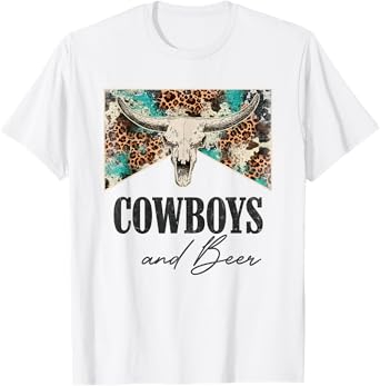 Retro Leopard Western Life Country Bull Skull Cowboys & Beer T-Shirt