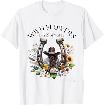 Retro Southern Sunset Cowgirl Wild Flowers - Wild Horses T-Shirt