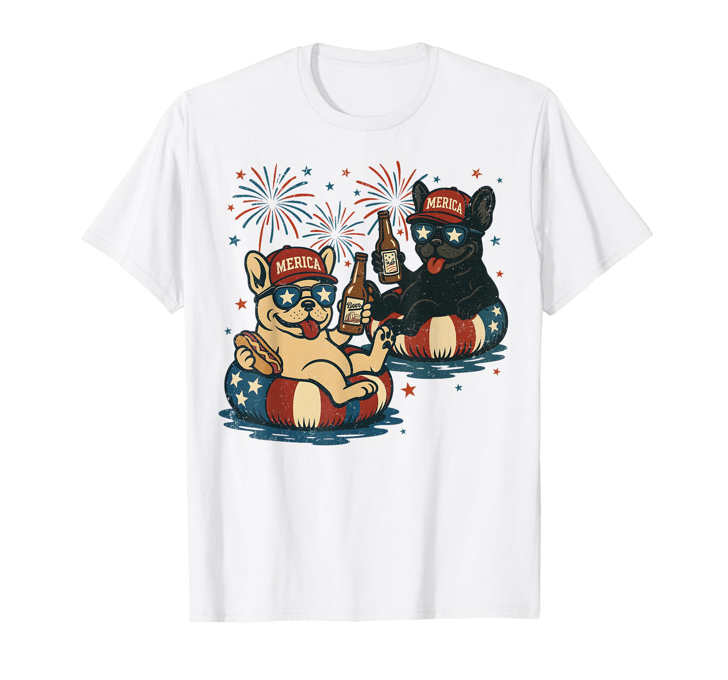 Retro Dogs With Beer, French Bulldog Adult 4th of July T-Shirt