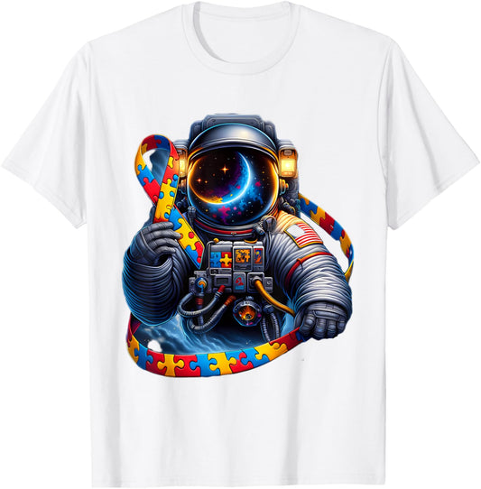 Autism Awareness Astronaut Yellow Red Blue Dog Ribbon T-Shirt