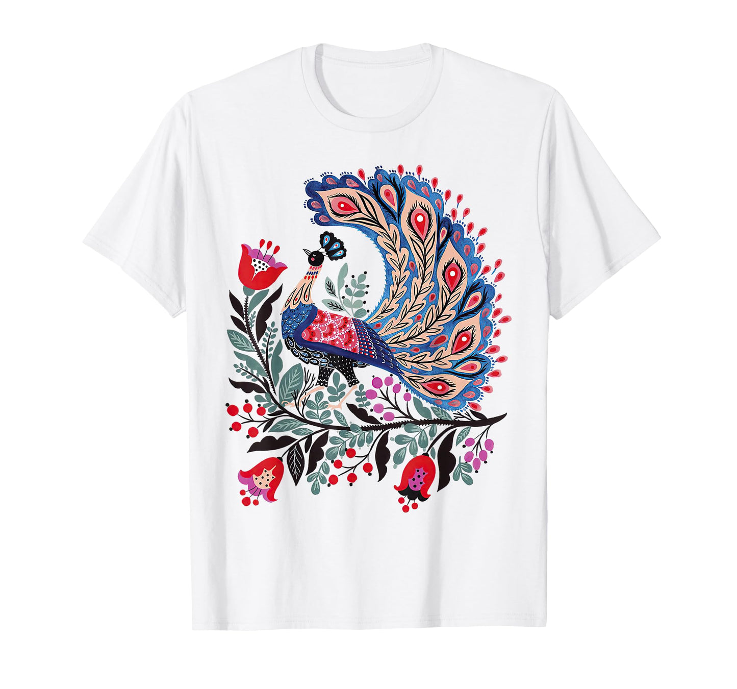 Mystical Botanical Bird Tee Scandinavian Folk Art T-Shirt