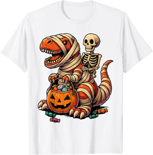 Skeleton Riding Mummy Dinosaur T rex Halloween Funny Pumpkin T-Shirt