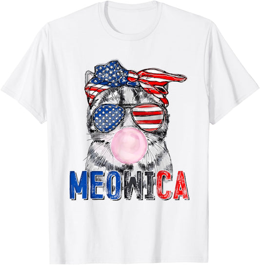 Patriotic Cat Meowica Bubblegum 4th of July Funny Cat Lover T-Shirt
