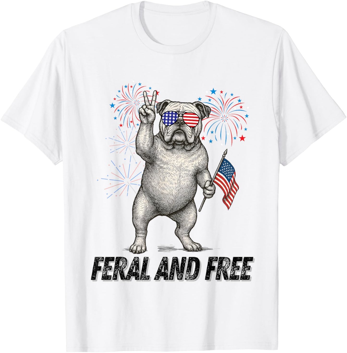 Feral and Free , Funny Bulldog 4th of July Usa Flag Bulldog T-Shirt