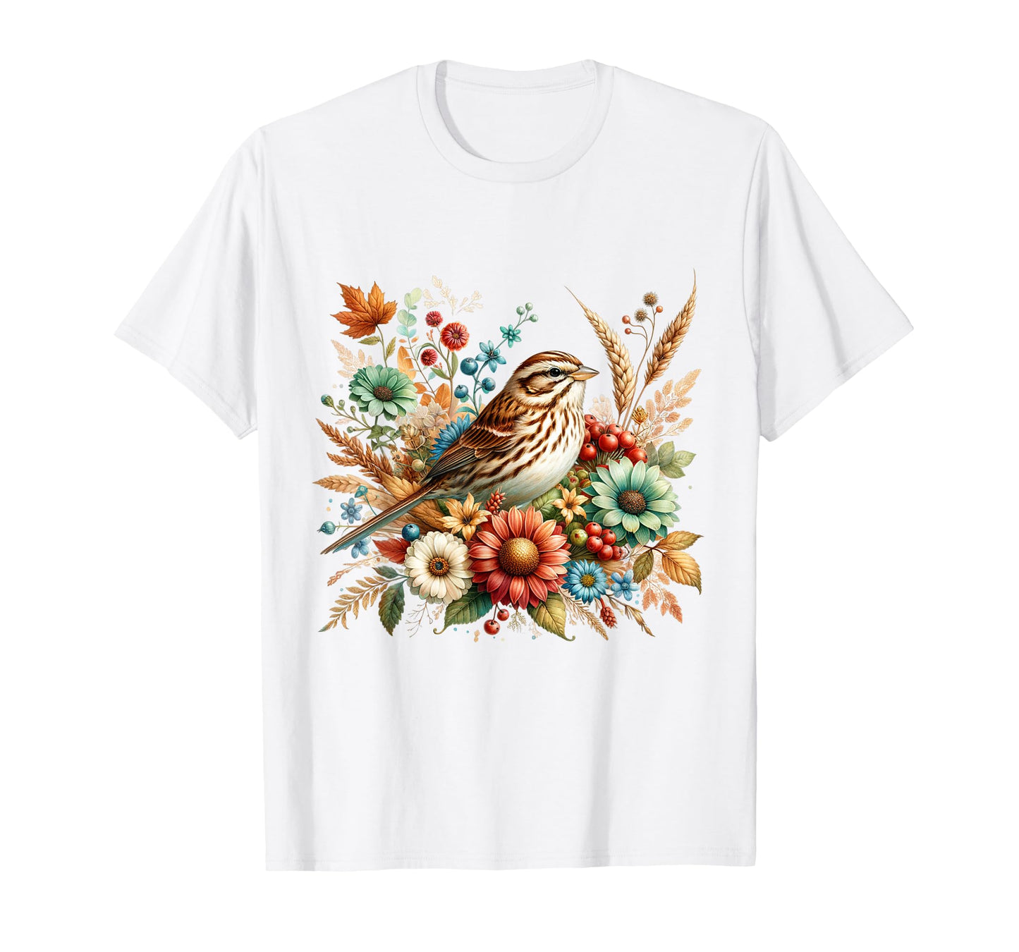 Song Sparrow Vintage Floral Autumn Bird T-Shirt