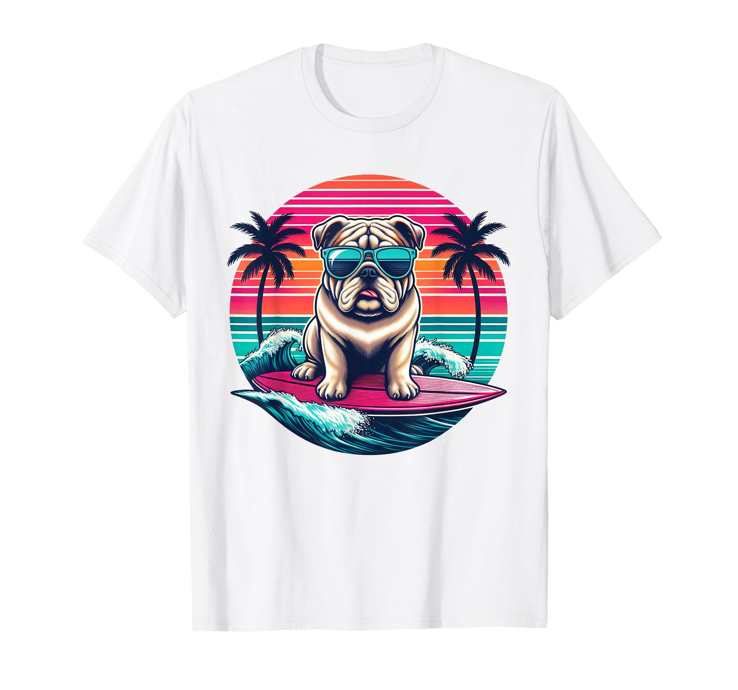 Surfing English Bulldog Retro Sunset Men Women Kids T-Shirt