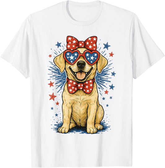 Yellow American Labrador Retriever USA 4th Of July With Bow T-Shirt