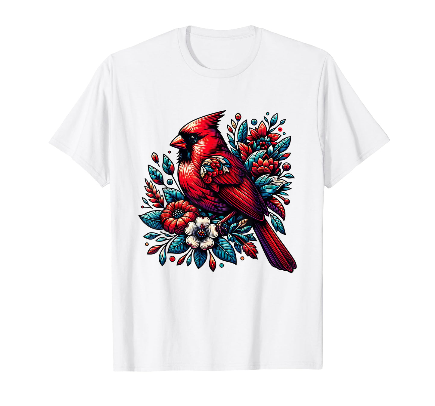 Cute Red Cardinal Bird Vintage Flowers Northern Cardinal T-Shirt