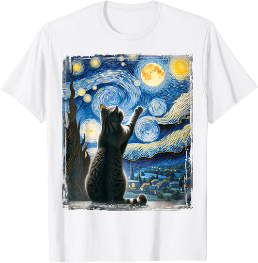 Van Gogh Starry Night Style Artistic British Shorthair Cat T-Shirt