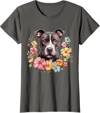 Pitbull Mom Floral Dog Lover Vintage Flowers Cute T-Shirt
