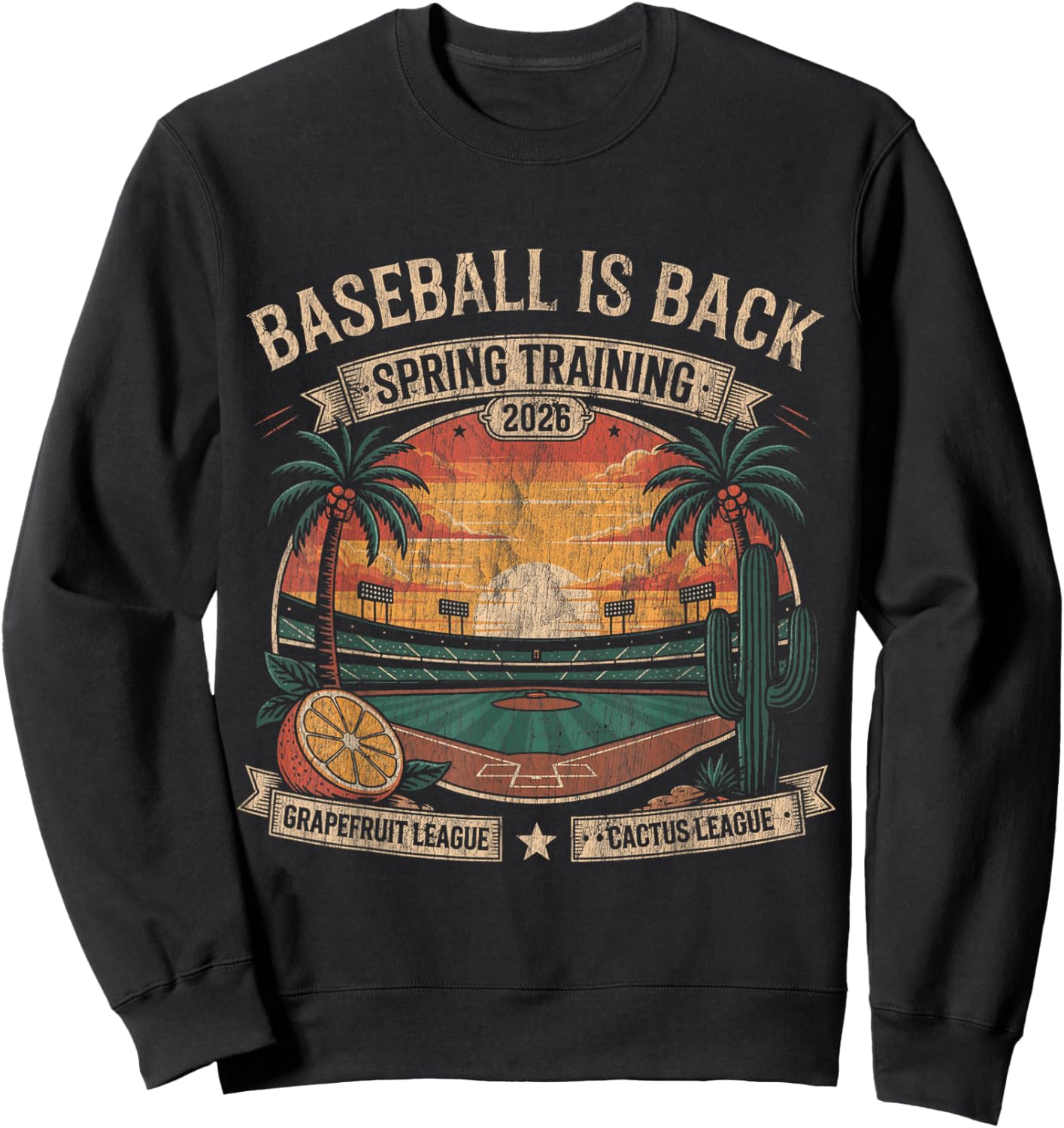 Spring Training Baseball is Back 2026 Retro Stadium Sunset T-Shirt Sweatshirt - Sweatshirt | Black