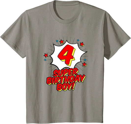 Kids 4th Fourth Birthday Boy T-Shirt Superhero Super Hero Party