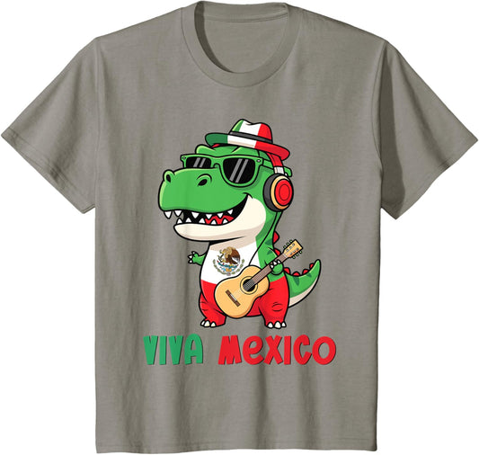 Kids Funny Viva Mexico Shirt Kids Toddler Boys Dinosaur Mexican T-Shirt