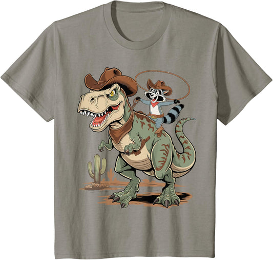 Kids Boys Raccoon-Shirt Funny Cowboy Trash Panda T-Rex Dinosaur T-Shirt