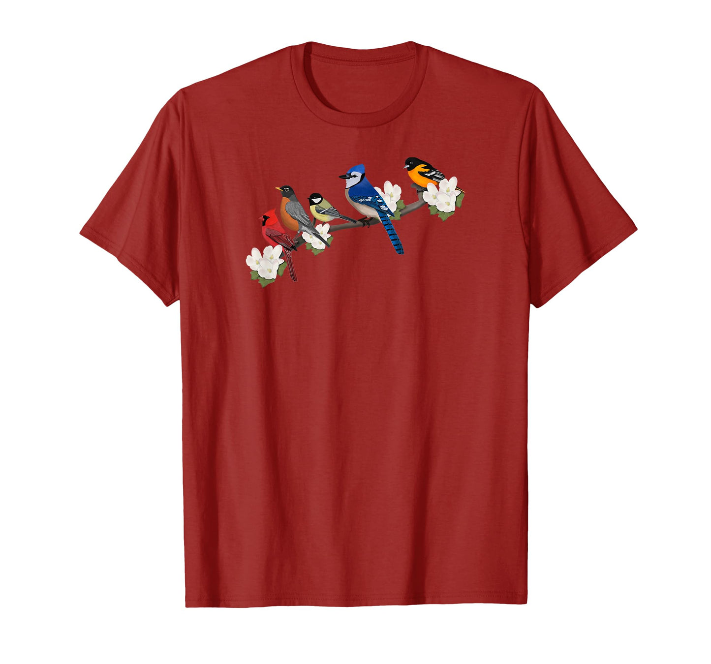 Birds on a Branch Blue Jay Cardinal Robin Bird Watching T-Shirt