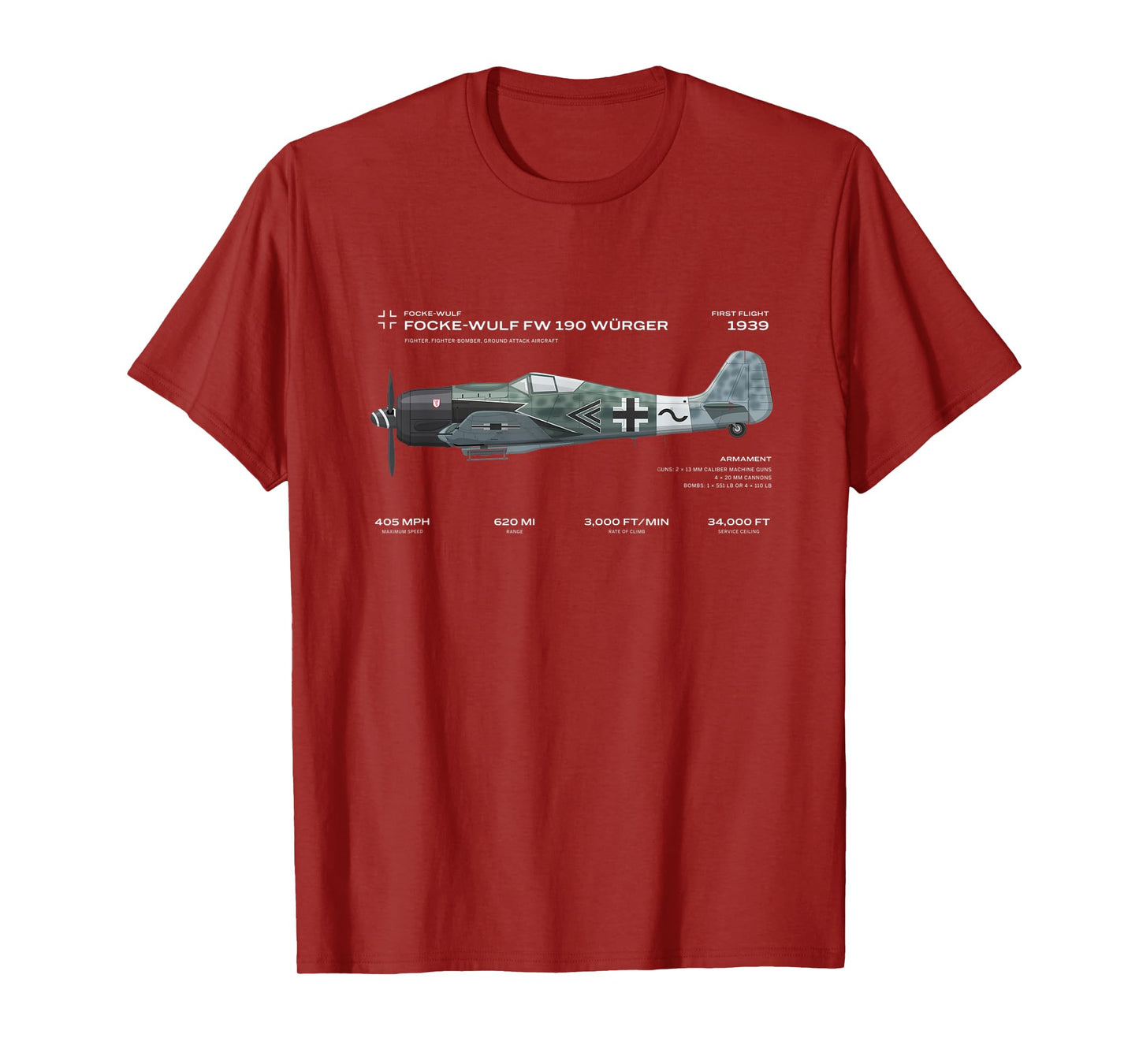 Focke Wulf Fw 190 WWII Airplane Historic War Bird Fighter T-Shirt